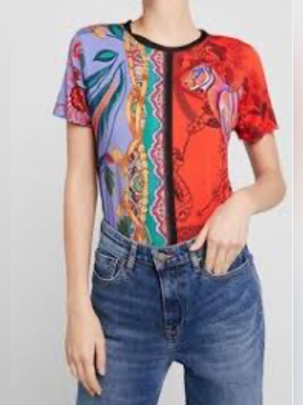 Desigual Multicolor Patchwork Short-Sleeve Tee - Red, Purple & Green